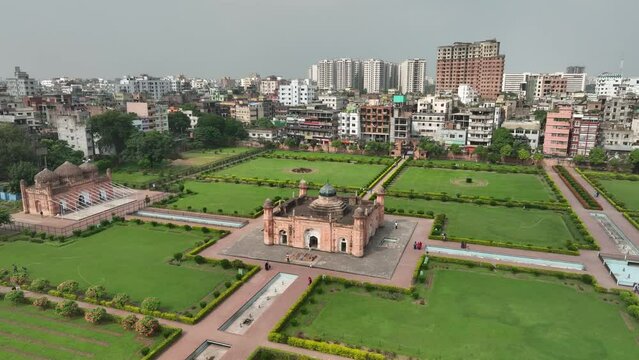 Aerial rotating drone view of Lalbagh Fort in Dhaka, Bangladesh.