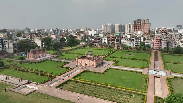 Aerial moving away drone view of Lalbagh Fort in Dhaka, Bangladesh.