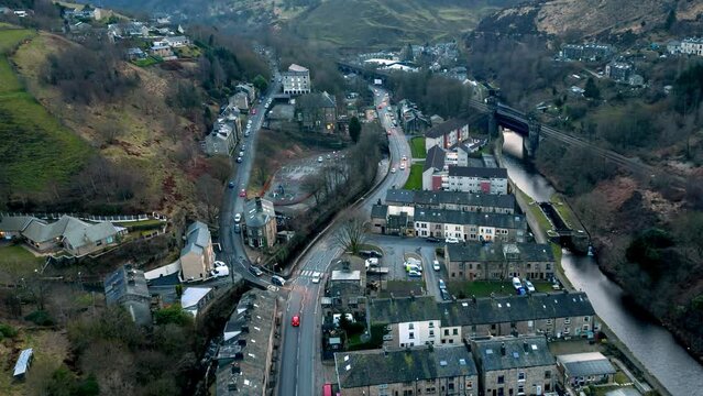 hyperlapse of rochdale road in todmorden , this grey wet scene is indicative of life in the small rainy town of todmorden located in northwest yorkshire  