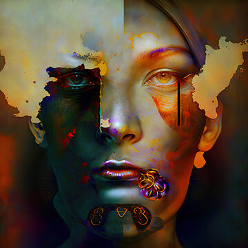 close up abstract multimedium photocollage digital painting of a woman in cubism style  ai generated 