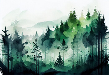 landscape of foggy forest, spring hill. Wild nature, frozen, misty, taiga. watercolor background. generative ai 