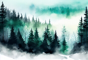 landscape of foggy forest, spring hill. Wild nature, frozen, misty, taiga. watercolor background. generative ai 
