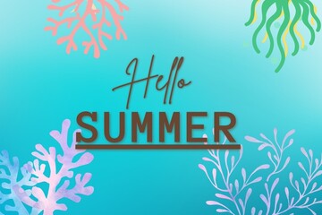 Hello summer banner with luggage and airplane. Vector illustration in flat style