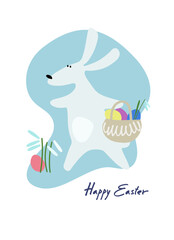 Happy Easter holiday design with hand-lettered greetings, Easter bunny with a basket of eggs