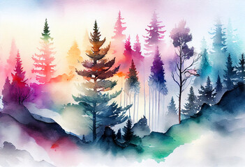 rainbow landscape of foggy forest, spring hill. Wild nature, frozen, misty, taiga. watercolor background. generative ai. 