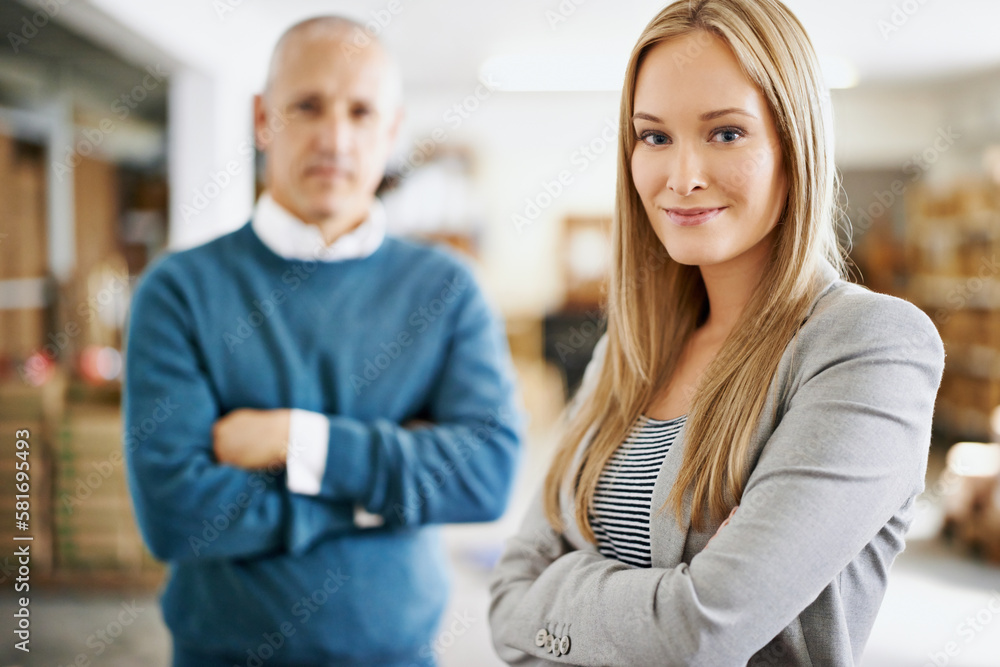 Aufkleber well make sure your package arrives right on time. portrait of a two managers standing in a warehous
