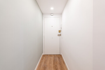 Fototapeta na wymiar View of the front door in a white narrow empty corridor in a hotel or small apartment for one person. Concept of compact rooms for a young couple or a single room in a hotel