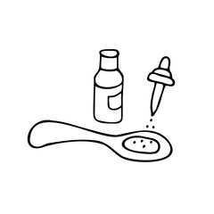 The drug is liquid, used in drops for the treatment of flu, colds. Bottle with pipette and spoon. Doodle. Vector illustration. Hand drawn. Outline.