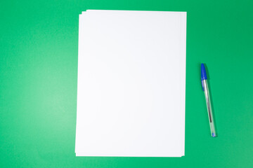 empty white paper sheet and a pen on green background. Mockup