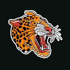 Hand drawn illustration of a leopard head traditional tattoo vector design