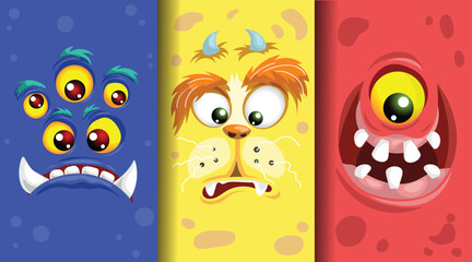 Cartoon monster emotions faces set. Cute monster faces with different expressions. Best for children supplies and party designs. Vector illustrations collection.