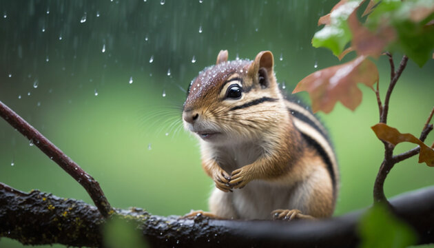 chipmunk in the rain sitting on a tree