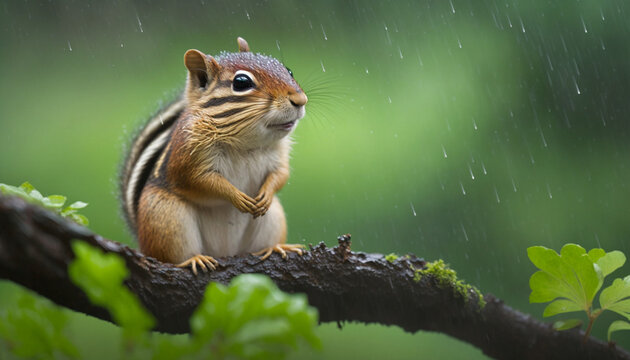 chipmunk in the rain sitting on a tree