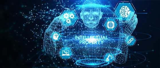 Business, technology, internet and network concept. Virtual screen of the future and sees the inscription: Intellectual property.   3d illustration