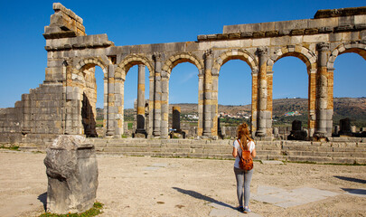 Tour tourism at Roman ruins of Volubilis- Meknes province in Morocco