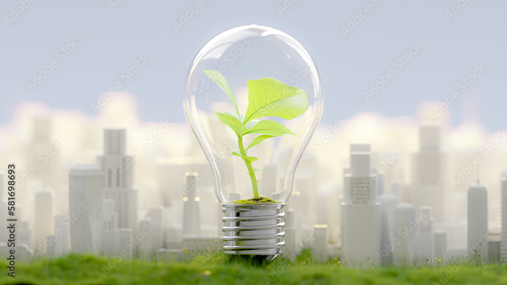 Poster tree growing in light bulb on grass or meadow and white city background. conceptual design in enviro