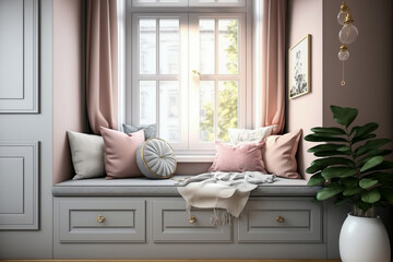 Modern bedroom interior design. Cozy Built-in near the window with pillows. Super photo realistic background. Generative ai illustration
