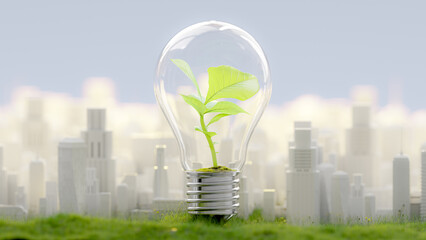Tree growing in light bulb on grass or meadow and white city background. conceptual design in environment or energy background concept. 3D Render.
