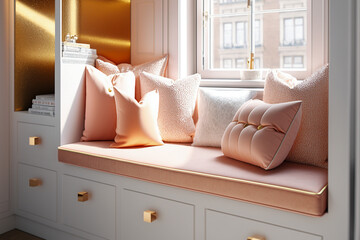 Modern bedroom interior design. Cozy Built-in near the window with pillows. Super photo realistic background. Generative ai illustration