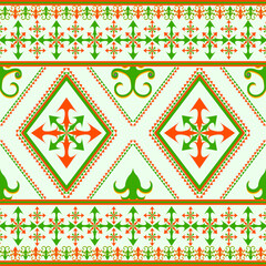 Folk ethnic seamless pattern in green and orange tone in vector illustration design for mat, scarf, wrapping paper, fabric, tile and more