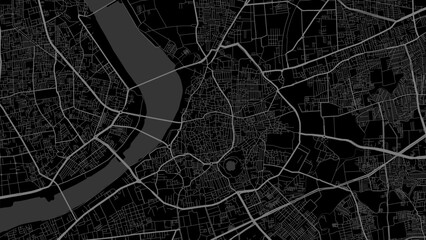 Dark black Surat city area vector background map, roads and water illustration. Widescreen proportion, digital flat design.
