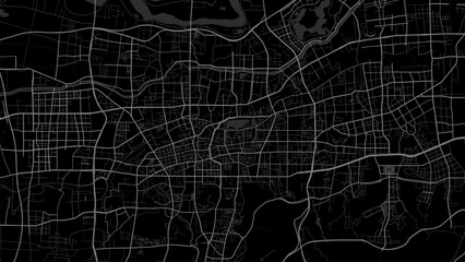Dark black Jinan city area vector background map, roads and water illustration. Widescreen proportion, digital flat design.