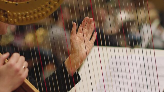 A slow motion video of a musician playing the harp by plucking only on one string during a classical symphony orchestra rehearsal