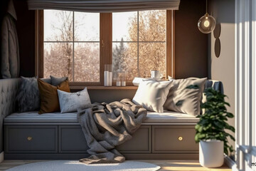 Modern bedroom interior design. Cozy Built-in near the window with pillows. Super photo realistic background. Generative ai illustration