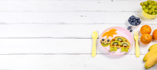 Creative idea for kids breakfast - waffle kiwi banana orange turtle shape, cute and funny kids...