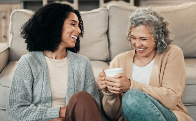 Love, mother and adult daughter on floor, coffee and conversation with happiness, break and laughing. Family, mama and female grown child on ground, tea and smile with rest, funny and quality time - Powered by Adobe