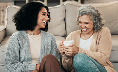 Love, mother and adult daughter on floor, coffee and conversation with happiness, break and...