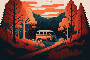 Summer concept. Nice van on the way to summer holidays through the beautiful valley. Vector art. Generative AI technology.