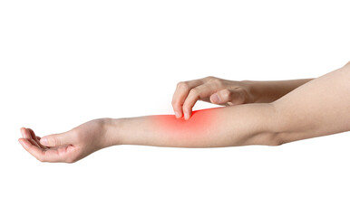 An itchy woman scratches her arm (isolated on white background, highlighted in red)
