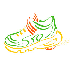 creative sneaker with a wheel under the heel, abstract colorful sketch on a white background