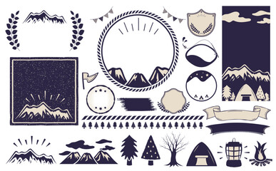 キャンプやアウトドアシーンに使えるナチュラルでかっこいいシンプルおしゃれなタイトルデザインフレームとイラストのセット_青