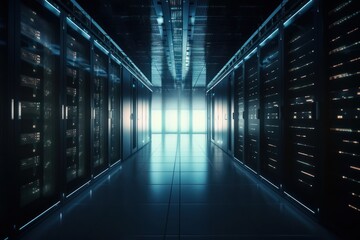 Obraz na płótnie Canvas High tech data center with rows of servers, generative ai 