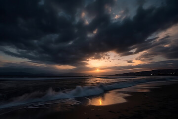 Fototapeta na wymiar Generative ai illustration of Beautiful cloudy sunset over the rocky sea shore at evening 