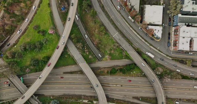 Portland Oregon Aerial v105 vertical flyover Goose Hollow Foothills League capturing Interstate Route I-405 and Highway 26, traffics passing through hill tunnels - Shot with Mavic 3 Cine - August 2022