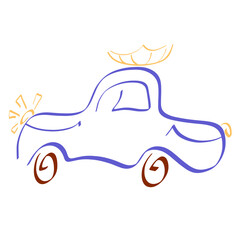 funny colorful car with a place for luggage in the form of a crown, a shining headlight and a perky smile, outline on a white background
