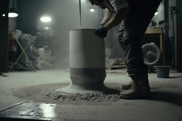 Worker preparing cement on an interior construction site. Generative AI illustration.