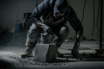 A worker pours cement mortar, concrete. Generative AI illustration.