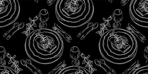 A pattern with a hand-drawn sketch of a dinner service for a wedding ceremony. Preparation for the wedding ceremony. Plates, champagne glasses, knife, spoon, fork, napkin, wine glass. Print background