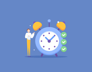 Working and completing tasks before deadlines and on time. good time management. job done. a businessman and an alarm clock. illustration concept design. vector elements