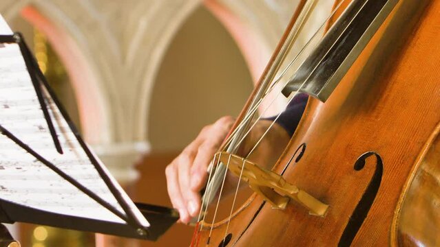 Close up of male cellist playing in a string quartet in a small, bright church