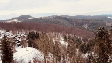 Pan from snow slope over winter forest in the distance to cloudy sky - Powered by Adobe