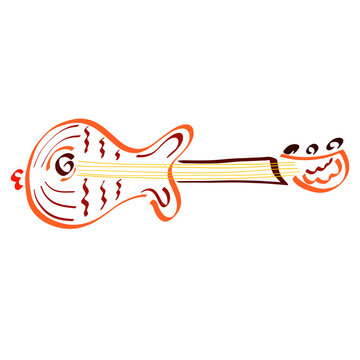 creative guitar in orange fish shape, colorful sketch on white background