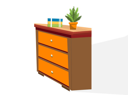 Vector illustration of shelf, book shelf. Potted plant, flowering pot, flower bouquet on cupboard. Home interior decor, clothes self, drawer, file cabinet, weardrops and book filed on shelf