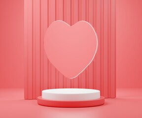 Realistic red and white 3D cylinder pedestal podium with window heart shape background. Valentine minimal scene for products showcase,  3d render  abstract studio room platform design.