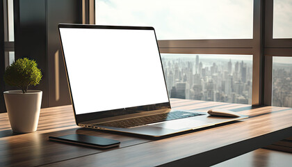 Fototapeta premium Mock up laptop computer on working table in modern room with city view in the background, Generative AI