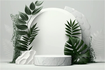3D podium, pedestal round frame. To showcase organic cosmetics. Green leaves around. Generative AI.
